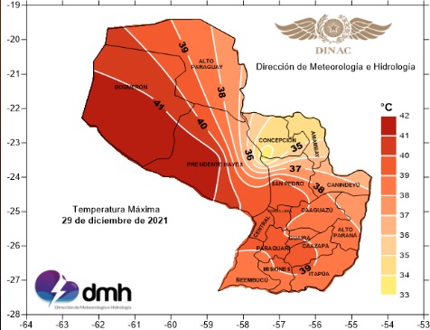Temperaturas registradas no Paraguai no dia 29 de dezembro bateram recordes históricos. Crédito: DMH 
