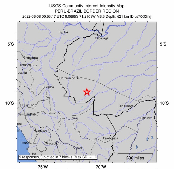 Mapa mostra localização do terremoto no Acre ocorrido na noite desta terça-feira, dia 7. Crédito: Gráfico USGS