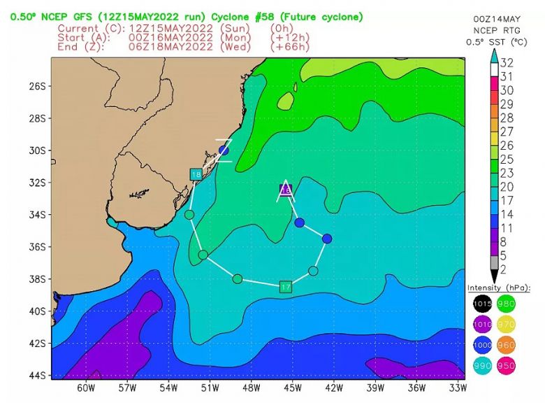 Modelo norte-americano GFS projeta um novo ciclone intenso com valor de press�o muito baixo tocando a costa do Rio Grande do Sul. Cr�dito: GFS/NOAA