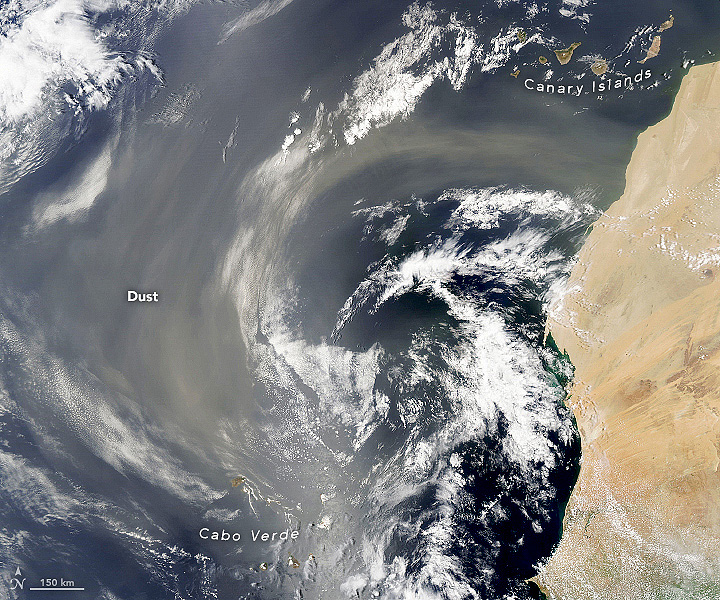 Imagem de satélite mostra nuvem de poeira saindo da costa oeste da África em direção ao Atlântico no dia 26 de julho. Crédito: NASA 
