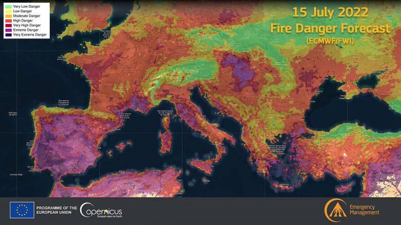 Risco de incndios florestais impulsionados por nova onda de calor  extremamente alto em vrias partes da Europa. Crdito: Programa Europeu Copernicus/ECMWF/FWI 
