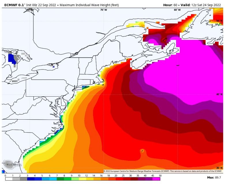 Ondas gigantescas est�o sendo projetadas para o Atl�ntico nos pr�ximos dias. Cr�dito: Modelo europeu ECMWF