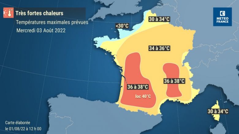 Temperaturas poder�o atingir localmente 40�C no sul da Fran�a esta semana. Cr�dito: Meteo France 