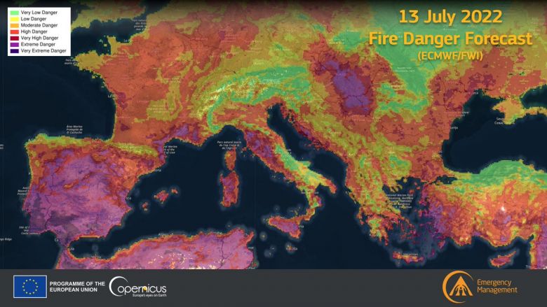 Onda de calor eleva o risco de inc�ndios em v�rias partes do sul da Europa. Cr�dito: Modelo de previs�o ECMWF/FWI, @CopernicusEMS 