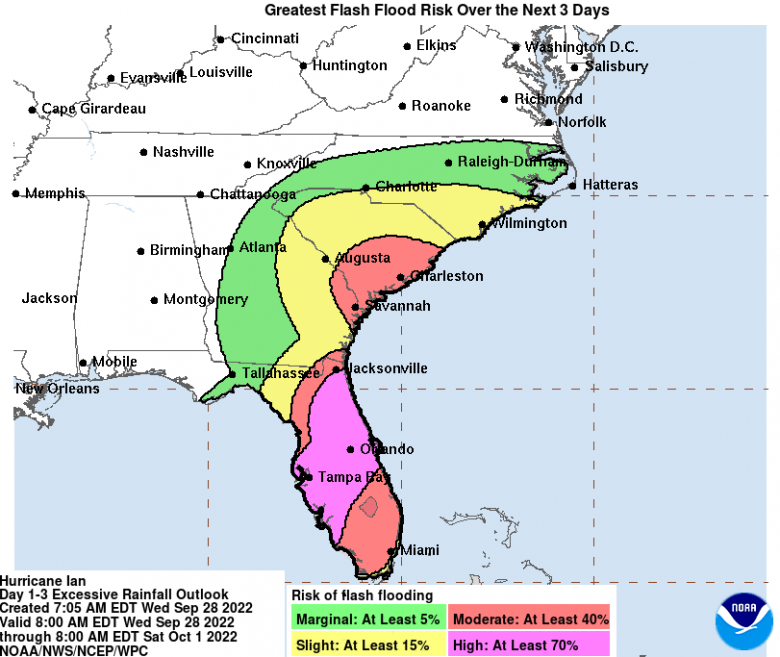 Inunda��es em potecial sobre a Pen�nsula da Fl�rida nos pr�ximos dias. Cr�dito: NHC
