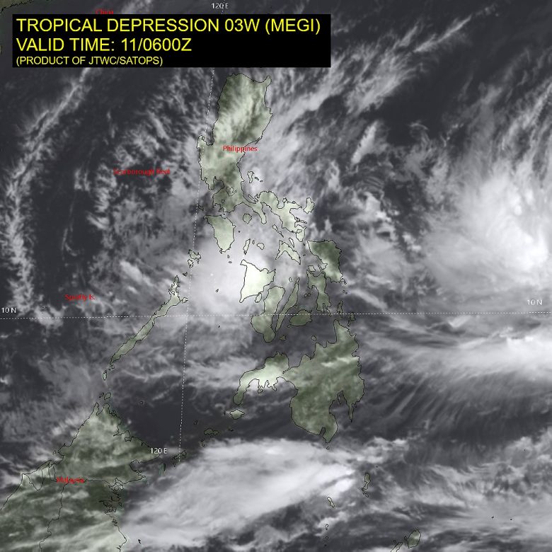 Imagem de satélite mostra as nuvens da depressão Megi sobre o sul e leste das Filipinas no dia 12 de abril. Crédito: JTWC  