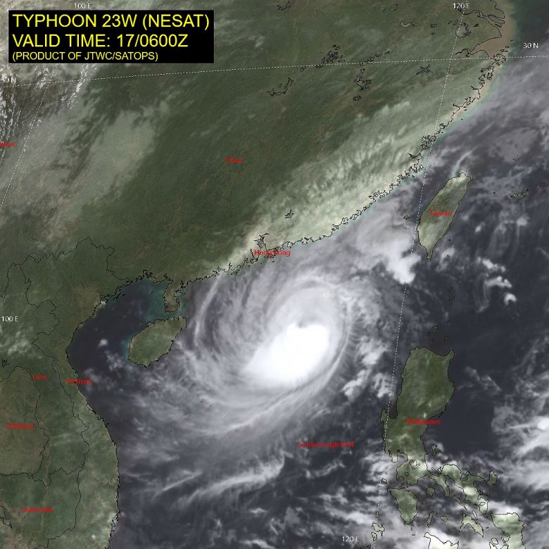 Imagem de satlite mostra o tufo Nesat se aproximando do sul e do sudeste da China dia 17, depois de ter passado pelas Filipinas no fim de semana. Crdito: JTWC 