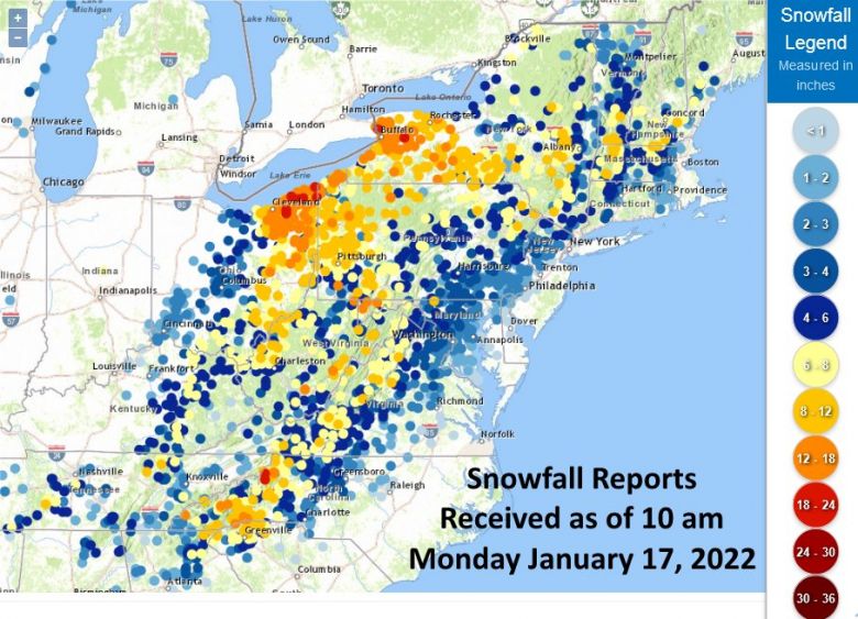 Queda de neve registrada no leste dos EUA entre os dias 28 e 29. Diversas localidades bateram recordes para o mês de janeiro. Crédito: NWS  
