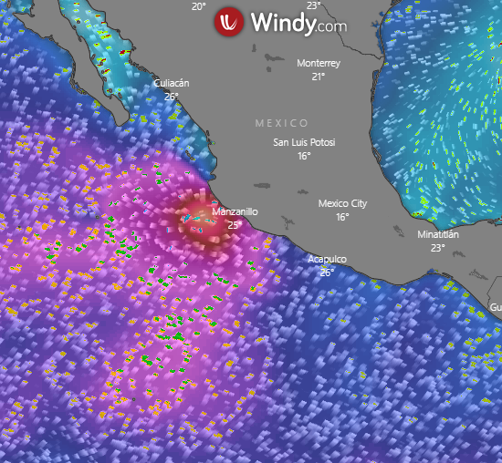 Ondas projetadas pelo modelo meteorol�gico GFS com a atua��o da tormenta Roslyn no s�bado � noite. Cr�dito: WINDY