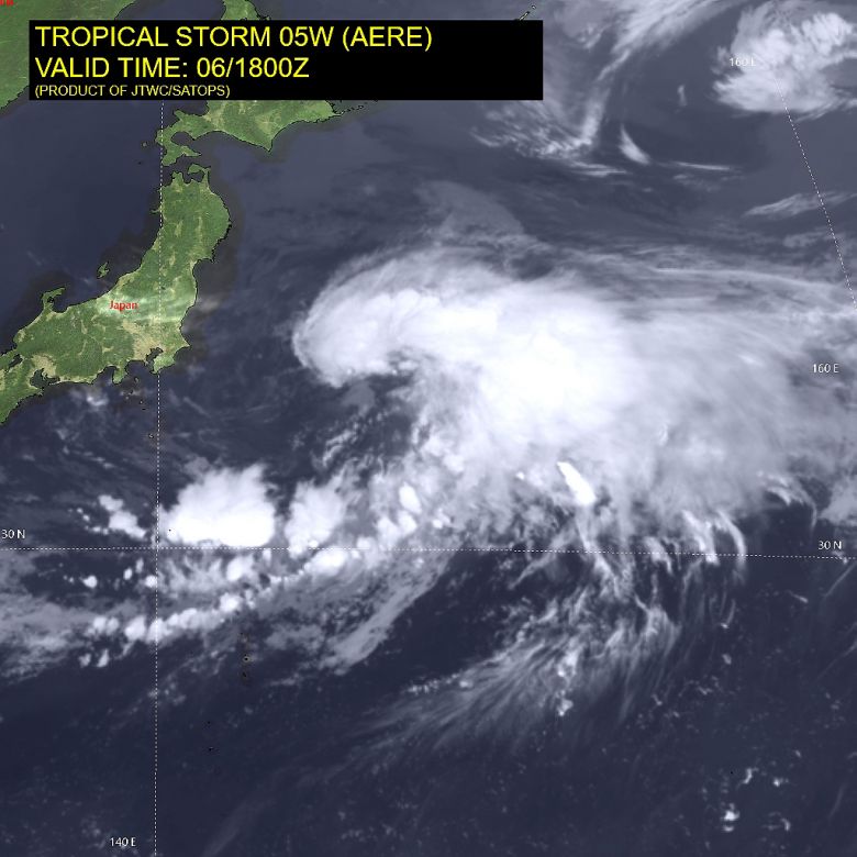 Imagem de satlite mostra a localizao da tempestade Aere sobre o Pacfico neste sbado, dia 9. Crdito: JTWC/SATOPS
