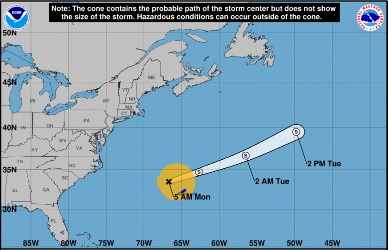 Trajeto estimado para a tempestade tropical Alex nos próximos dias. Crédito: NHC