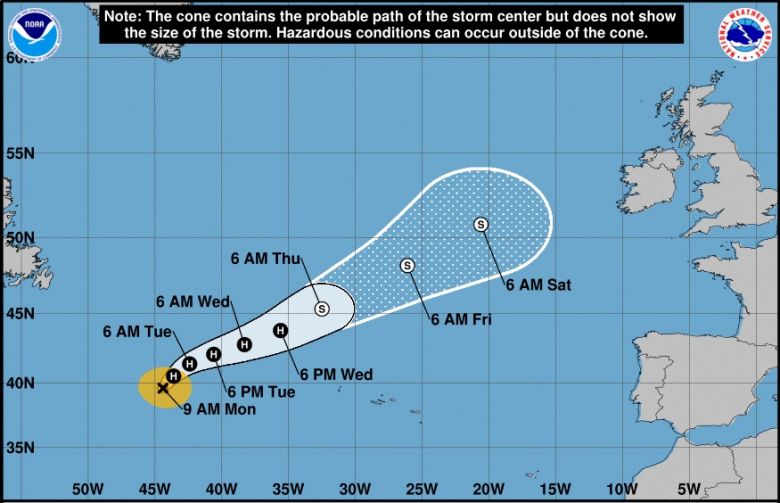 Trajeto previsto para o furac�o Danielle nos pr�ximos dias. Cr�dito: NHC