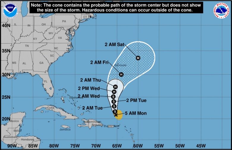Trajeto previsto para a tempestade Earl nos pr�ximos dias. Cr�dito: NHC 