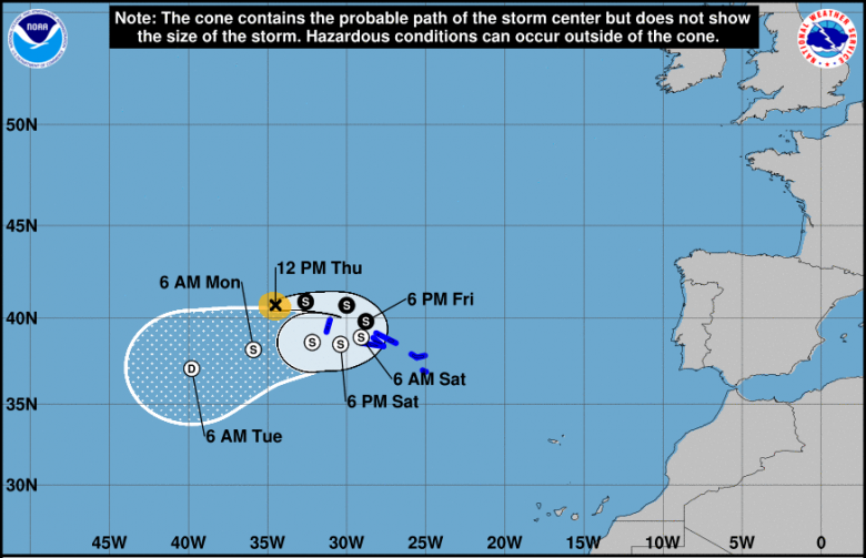 Trajeto estimado para a tempestade Gaston nos pr�ximos dias. Cr�dito: NHC 
