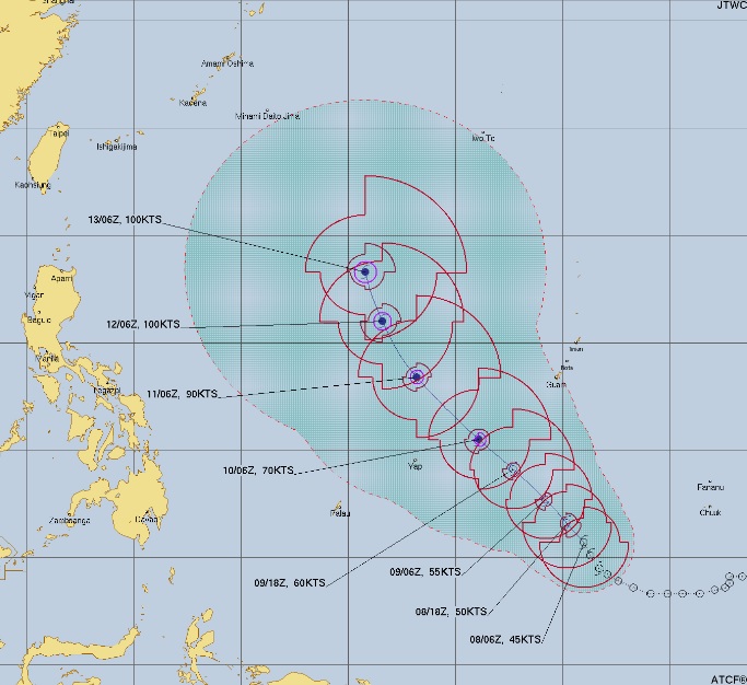 Trajeto estimado para a tempestade Malakas nos próximos dias. Crédito: JTWC