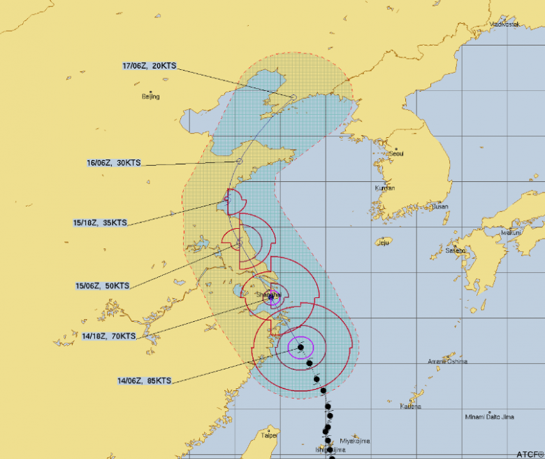 Trajeto esperado para o tufo Muifa nos prximos dias. Crdito: JTWC
