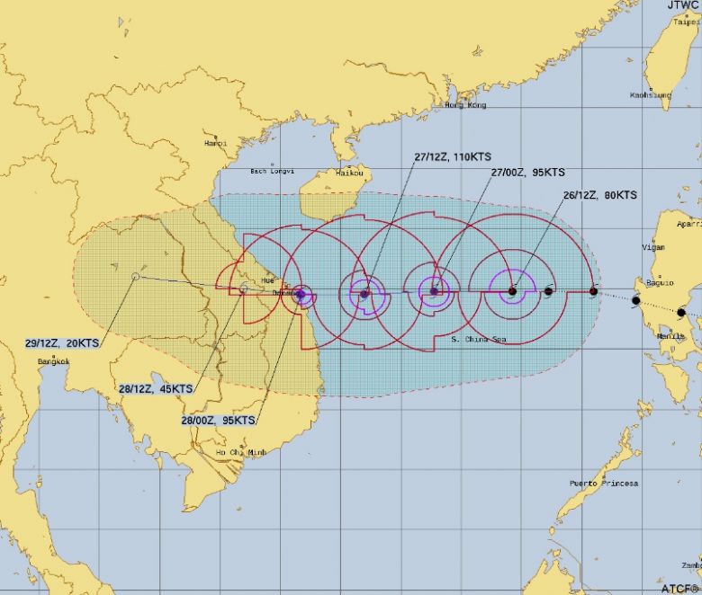 Trajeto do tuf�o Noru estimado para os pr�ximos dias. Cr�dito: JTWC