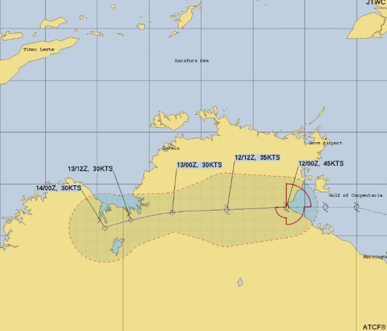 Trajeto previsto para o ciclone Tiffany nos pr�ximos dias. Cr�dito: JTWC