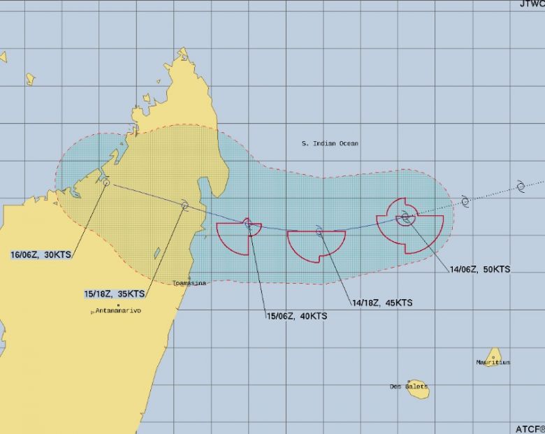 Trajetória prevista para o ciclone tropical Dumako nos próximos dias. Crédito: JTWC