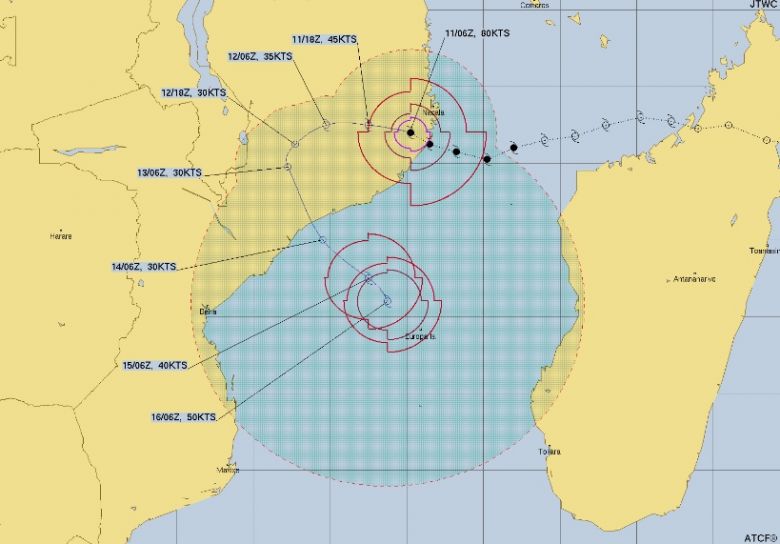 Trajeto estimado para o ciclone Gombe nos próximos dias. Crédito: JTWC