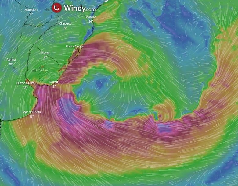 Mapa mostra a circulação dos ventos em superfície ao largo da costa do Rio Grande do Sul e do Uruguai. Crédito: WINDY   