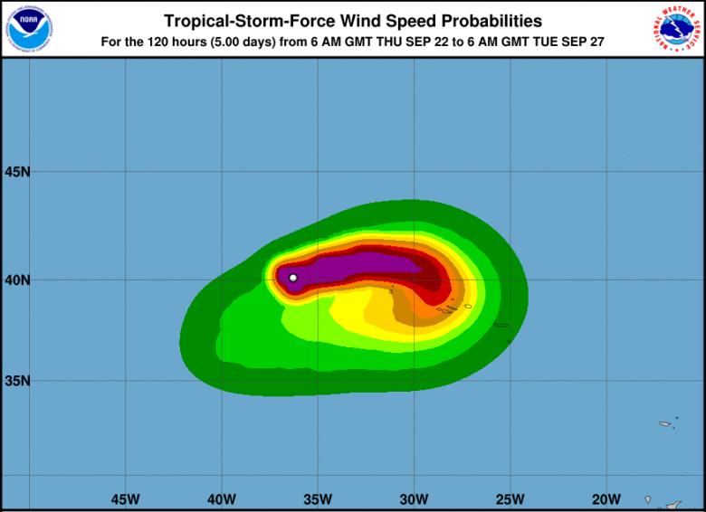 Mapa mostra a �rea de atua��o dos ventos intensos de Gaston sobre o Atl�ntico e os A�ores. Cr�dito: NHC