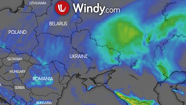 Modelo numérico do Centro Europeu de Previsões Meteorológicas à Médio Prazo (ECMWF) mostra o aumento da neve sobre o território ucraniano nos próximos 3 dias. Crédito: Windy/ECMWF