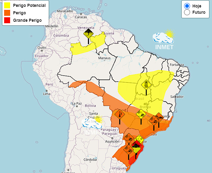 Mapa mostra reas em grande perigo e perigo para temporais e ventos fortes no Brasil no decorrer do dia 13 de julho. Crdito: INMET