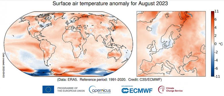 Anomalia da temperatura do ar em agosto de 2023 relativa  mdia para o perodo 1991-2020. Crdito: Programa Copernicus/ECMWF.