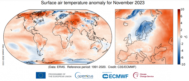 Anomalia da temperatura do ar em novembro de 2023 em relao  mdia de novembro no perodo 1991-2020. Crdito: Servio de Alteraes Climticas Copernicus/ECMWF.