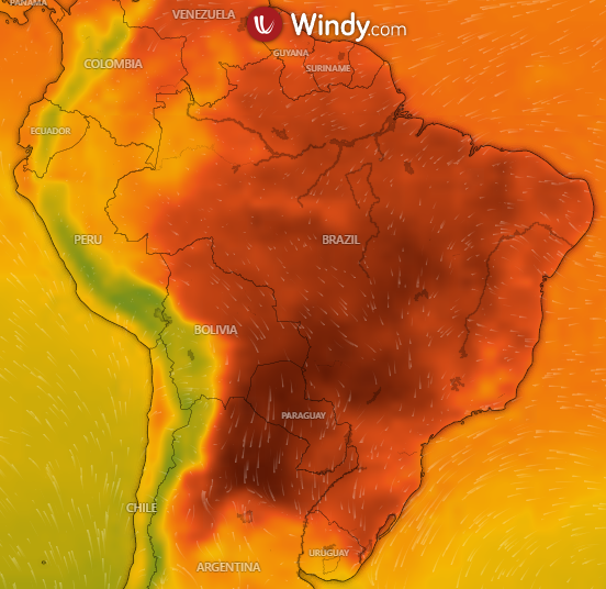 Grande parte do Brasil, Bolvia, Paraguai, Uruguai e o norte da Argentina enfrentam calor escaldante at o final da semana. Crdito: Modelo GFS de temperatura no domingo/WINDY.  