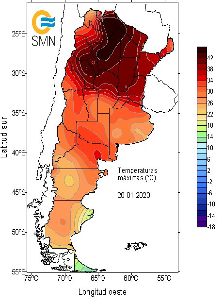Mapa mostra reas mais quentes da Argentina na ultima sexta-feira, quando novos recordes absolutos de calor foram registrados. Crdito: SMS