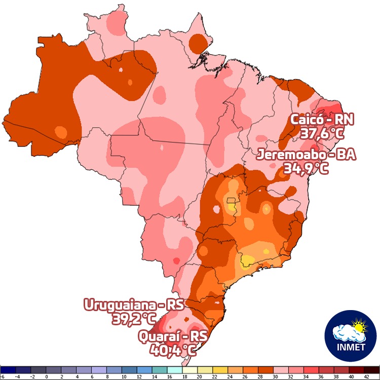 Temperatura mxima ultrapassou 40C no Rio Grande do Sul no final da semana e o calor extremo continua nos prximos dias. Crdito: Mapa divulgado pelo INMET 