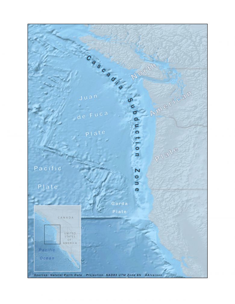 Mapa mostra a localizao da Zona de Subduco Cascadia no fundo do Pacfico leste, ao largo do norte dos Estados Unidos ao Canad. Crdito: fr.wikipedia