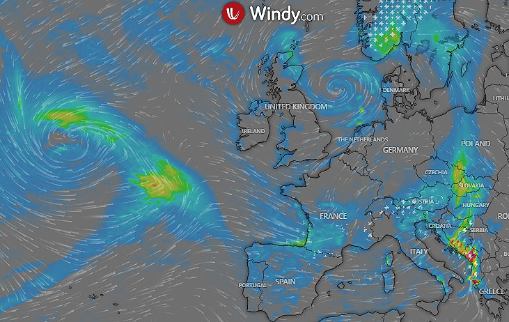 Mapa mostra a posio e descargas eltricas geradas pela tempestade Ciarn ao leste do Reino Unido e da tempestade Domingos, no Atlntico, na manh do dia 3 de novembro. Crdito: WINDY/Modelo ECMWF