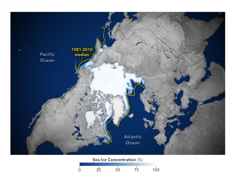 O mapa mostra a extenso do gelo do mar rtico no dia de seu mximo anual em 6 de maro de 2023. Crdito: NASA  