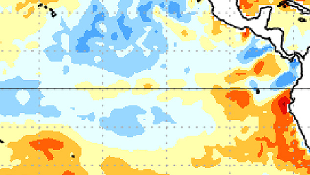 Superfcie da gua do mar na costa do Peru e Equador comea a apresentar aquecimento acima do normal em maro. Crdito: NOAA