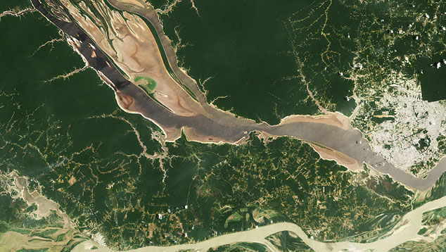Detalhe da seca do rio Negro, no Amazonas, revelado por imagem de satlite da Nasa. Crdito: Earthobservatory/NASA 