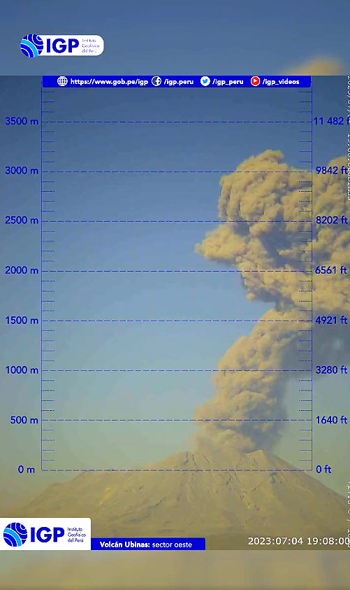 Grfico mostra a altura da cinzas do vulco Ubinas em 4 de julho, quando a montanha entrou em alerta laranja. Crdito: IGP