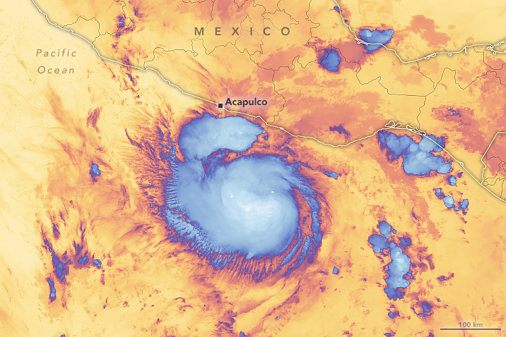 Furacão Otis a cerca de 330 km de Acapulco, no estado de Guerrero, em 24 de outubro de 2023. Crédito: Earth Observatory/NASA 
