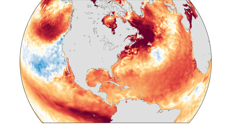 Grande parte do oceano global estava mais quente que a m�dia em julho de 2023. Cr�dito: NOAA
