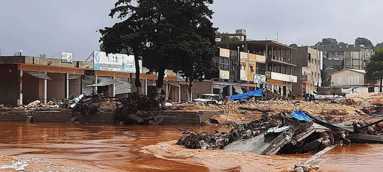 Destruio em Derna depois das graves inundaes provocadas pela tempestade Daniel. Crdito: Divulgao National Meteorological Centre Lbia/ONU 