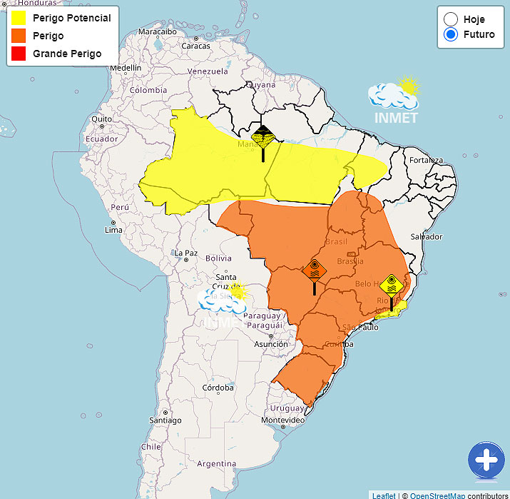 Mapa indica em laranja os estados e reas em aviso de perigo, por conta de uma nova onda de calor esta semana no BR. Crdito: INMET