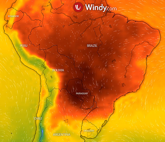 Mapa indica, em escala de cores, as reas mais quentes sobre o Brasil no sbado, dia 23, incio da primavera. O vermelho mais escuro representa temperaturas prximas aos 40 graus. Crdito: WINDY/Modelo de previso GFS 