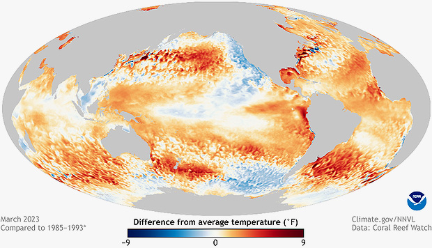 Mapa mostra a diferena da temperatura da superfcie do mar em maro de 2023 em relao  mdia. Crdito: Climate.gov/NOAA