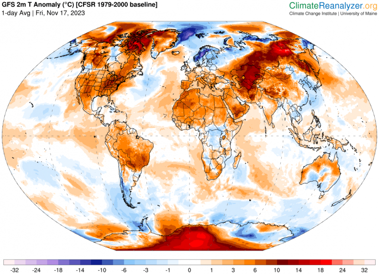 Mapa mostra temperaturas acima ou abaixo da mdia no globo em 17 de novembro de 2023. Crdito: Climate Change Institute/University of Maine/@WMO 