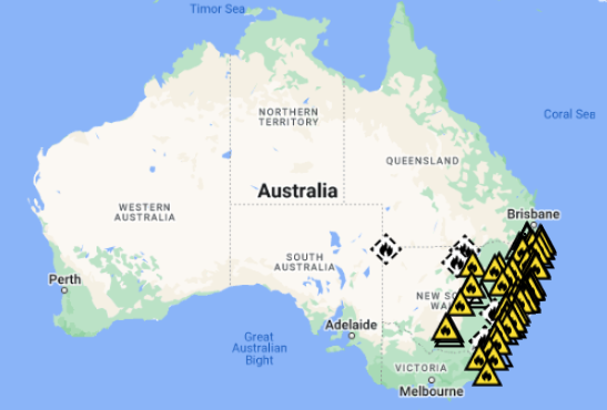 Mapa mostra a concentrao de focos de incndio no leste de Nova Gales do Sul registrados dia 21 de setembro. Crdito: NSW Rural Fire Service/GoogleMaps