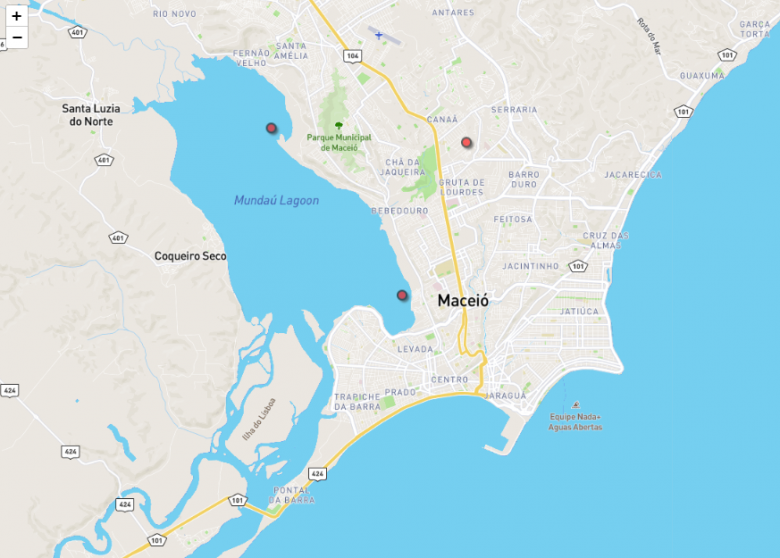 Mapa mostra local dos tremores de terra detectados no final de novembro na regio da Lagoa Munda, em Macei. Crdito: OBSIS/UnB/Google Maps