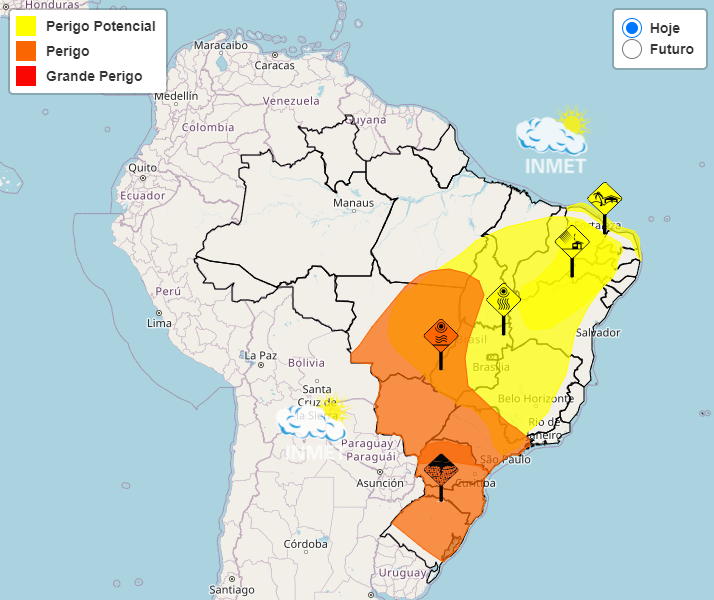 Avisos Meteorolgicos de Onda de Calor, Baixa Umidade e Tempestades sobre o Brasil nesta tera-feira, dia 19. Crdito: INMET