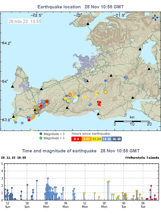 Mapa mostra a quantidade e intensidade dos tremores ocorridos na Pennsula de Reykjanes nas ltimas 48 horas. Crdito: IMO